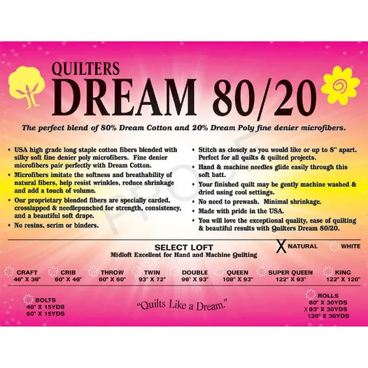 Natural Dream Select 80/20 Midloft 93" Quilt Batting by Quilter's Dream